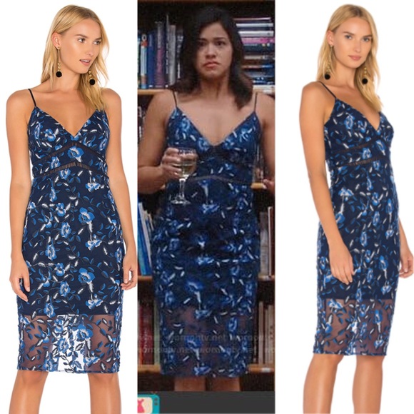 bardot sapphire lace midi dress